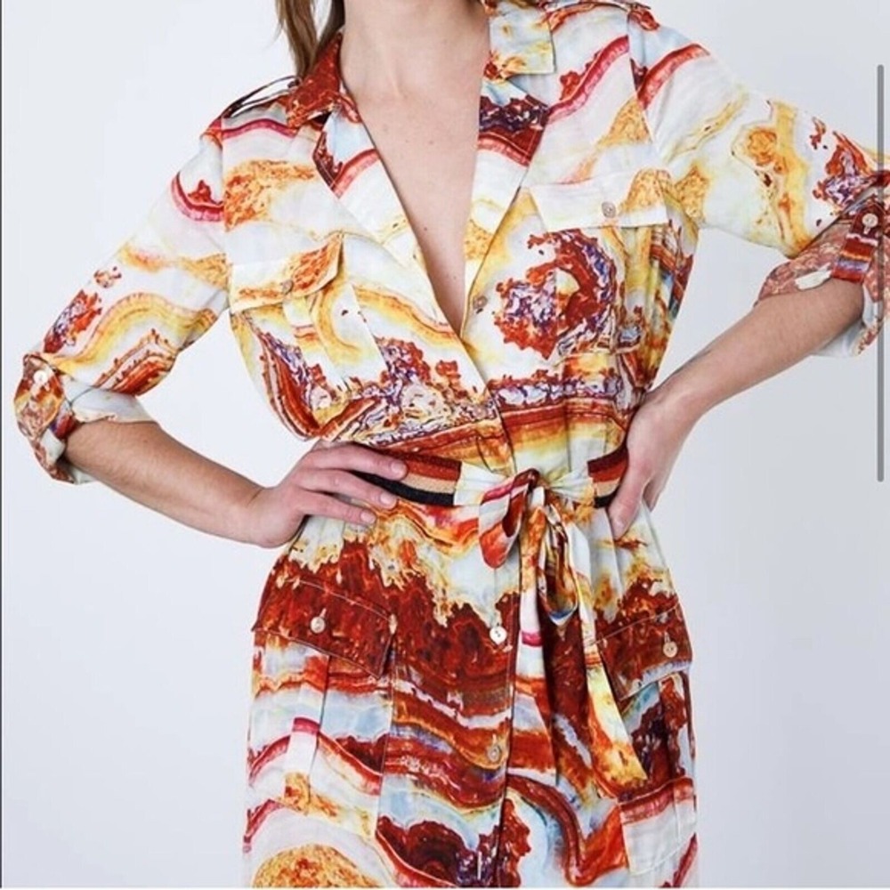 LA SUPERBE Sliced Agate Safari Midi Shirt Dress Women's 8 Silky Fun Travel Event